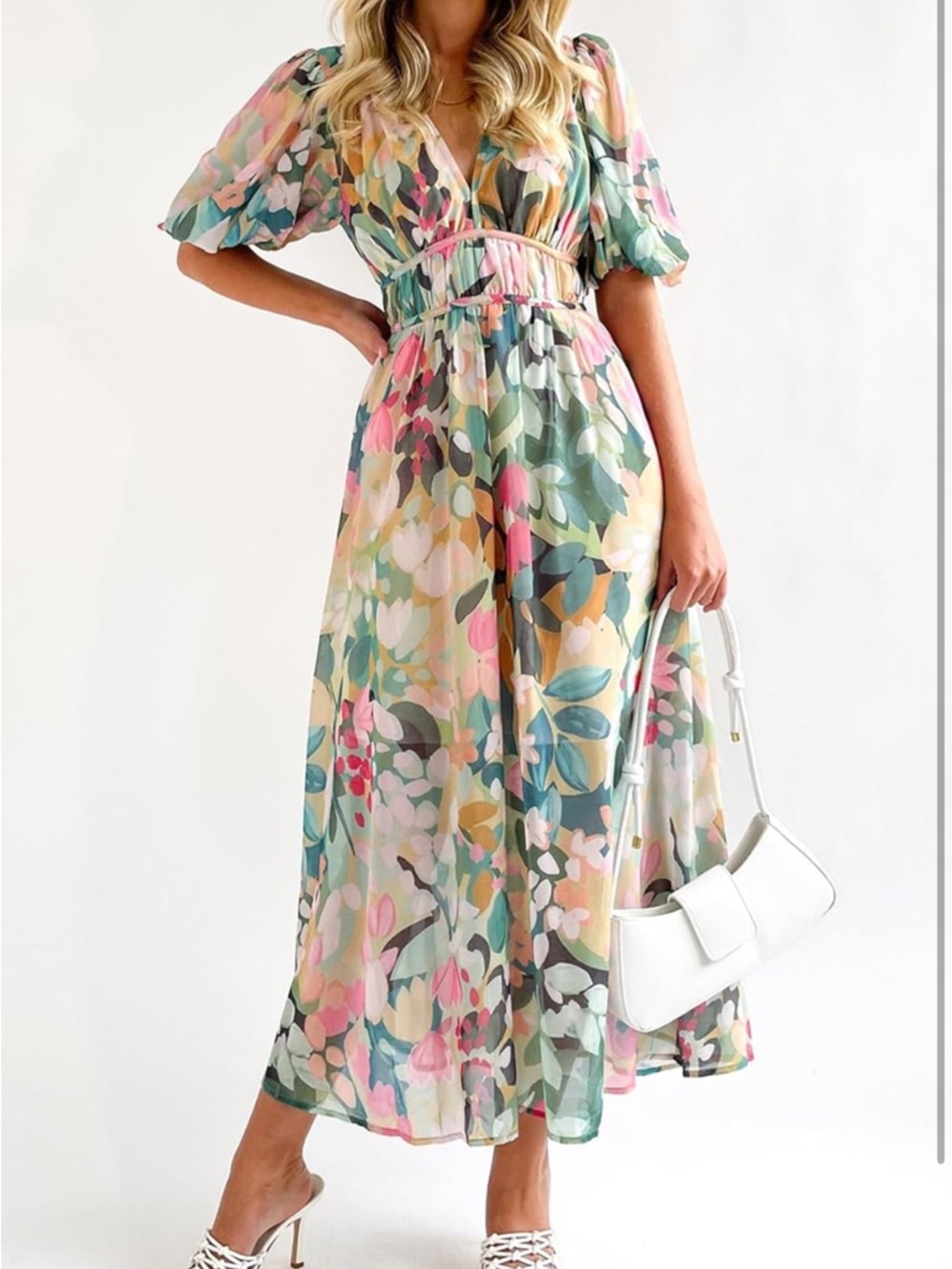 Multicolor Floral V-Neck Puff Sleeve Dress
